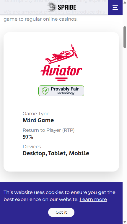 Official Aviator game interface by SPRIBE